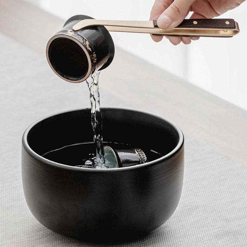 Ebony Tea Utensils Set With Ceramic Koi Holder