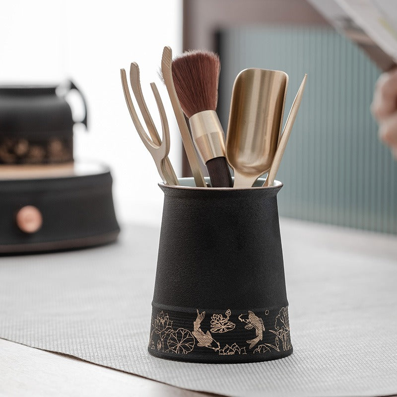 Ebony Tea Utensils Set With Ceramic Koi Holder