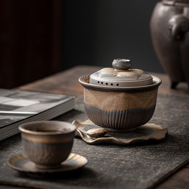 Coarse Pottery Lotus Gaiwan Teapot