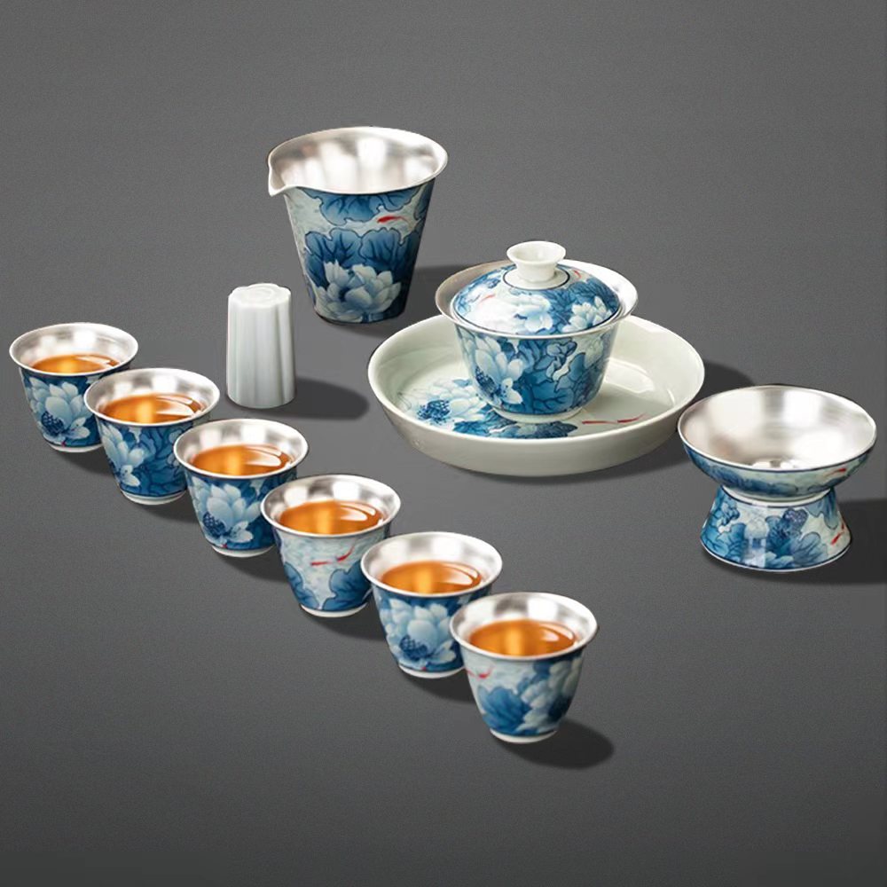 Enamel Porcelain Silver Lotus Tea Set