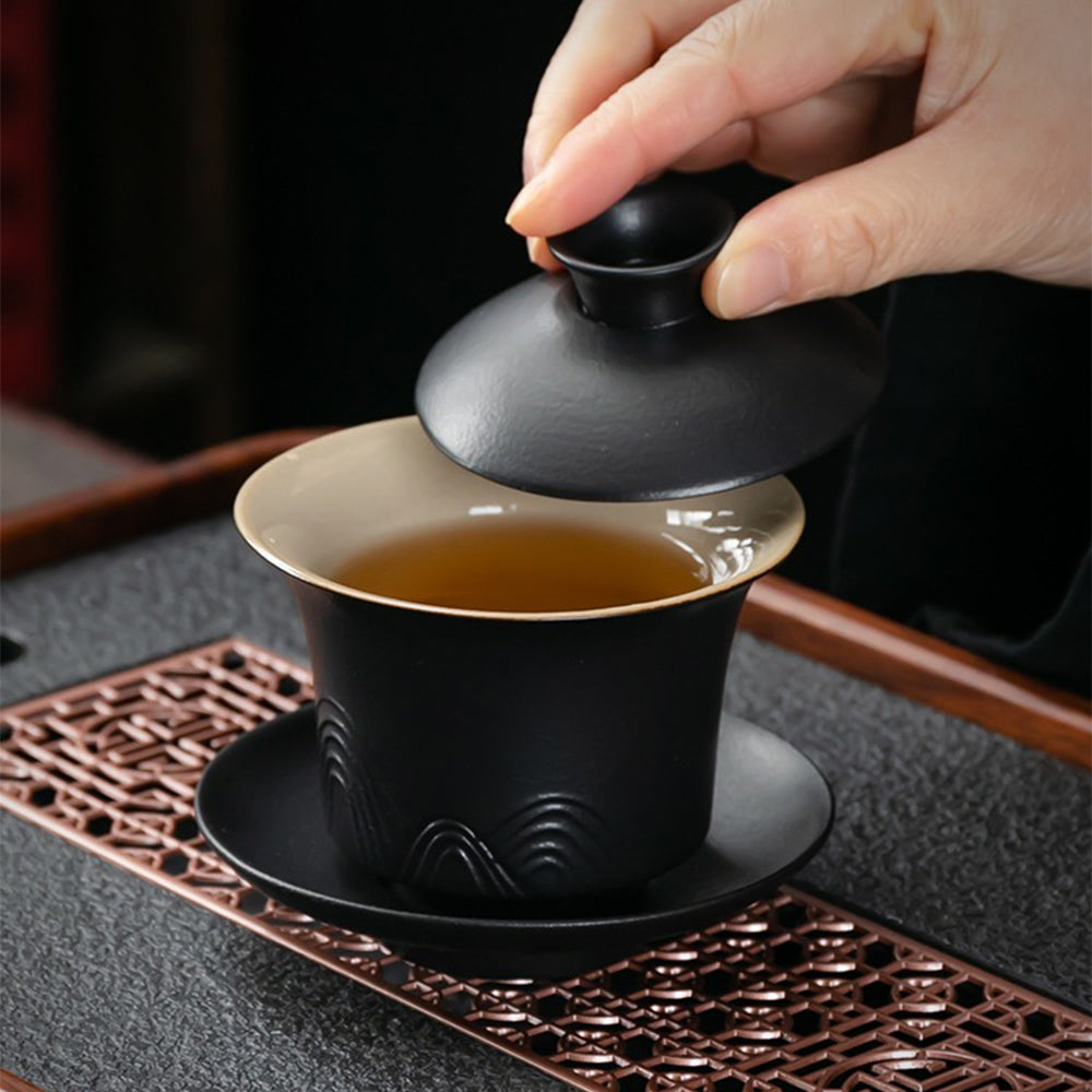 Japanese Black Pottery Mountains Tea Set