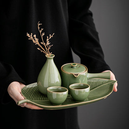 Japanese Celadon Tea Set With Banana Leaf Tray