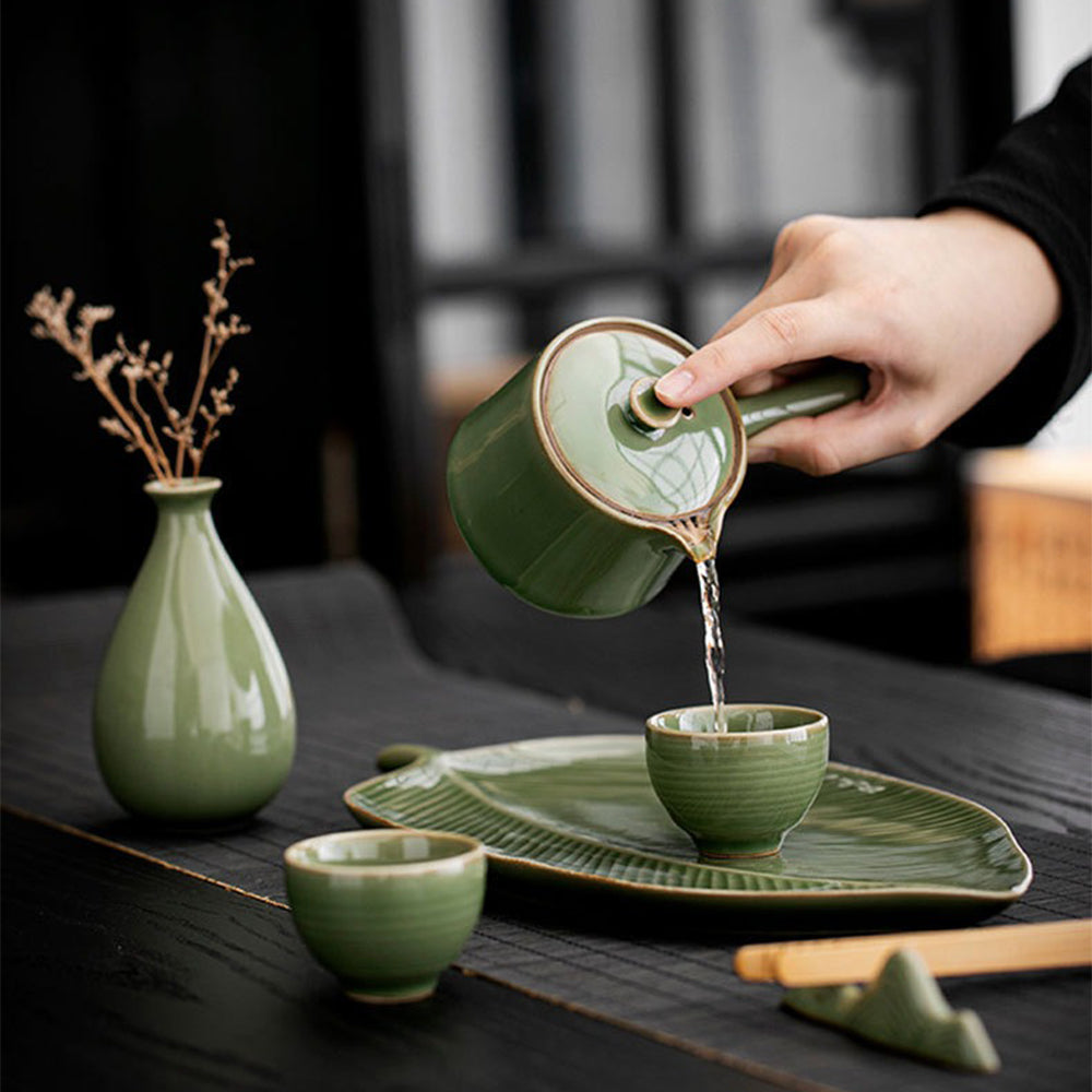 Japanese Celadon Tea Set With Banana Leaf Tray