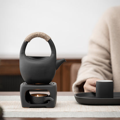 Japanese Black Pottery Tea Set With Warmer
