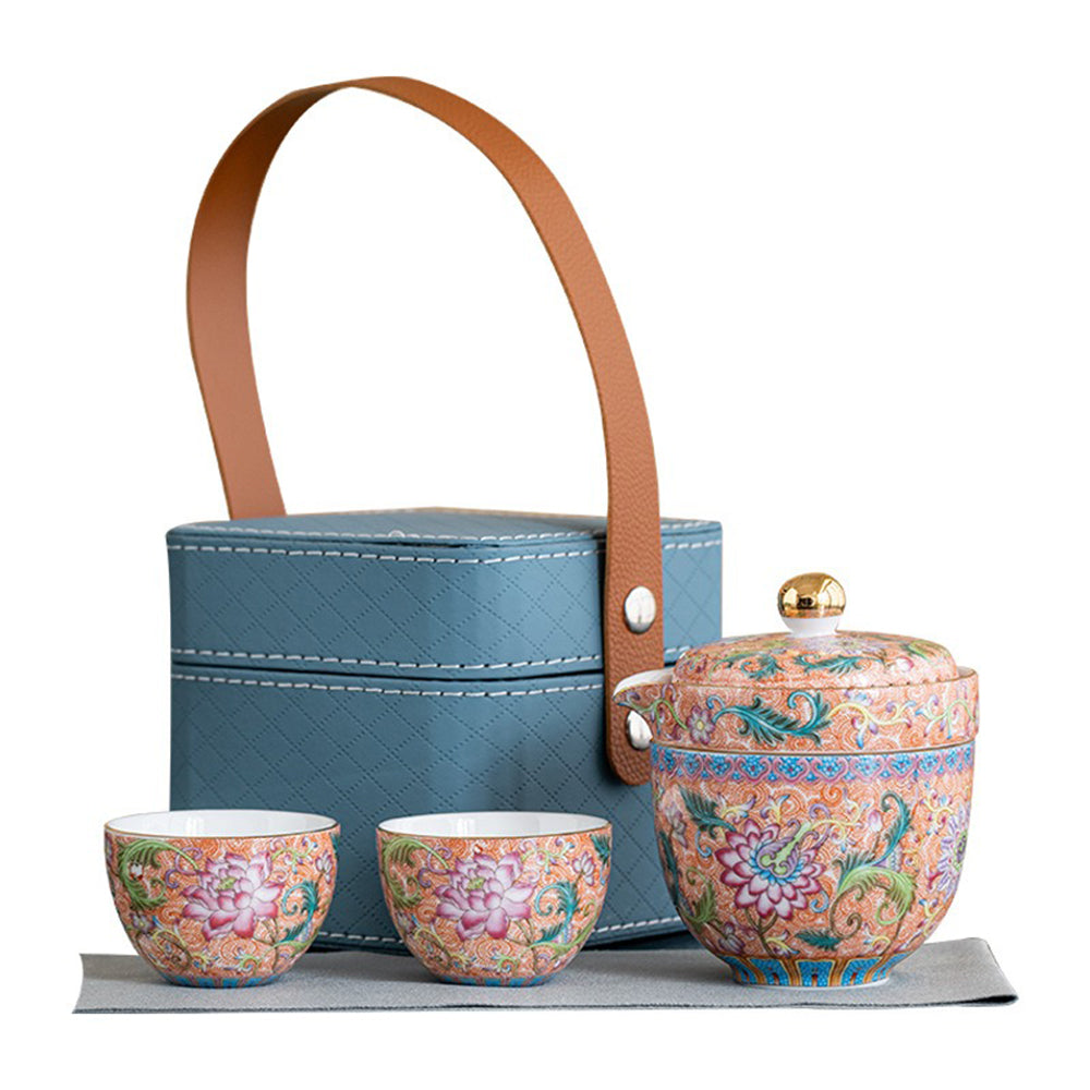 Enamel Travel Tea Set With Leather Bag