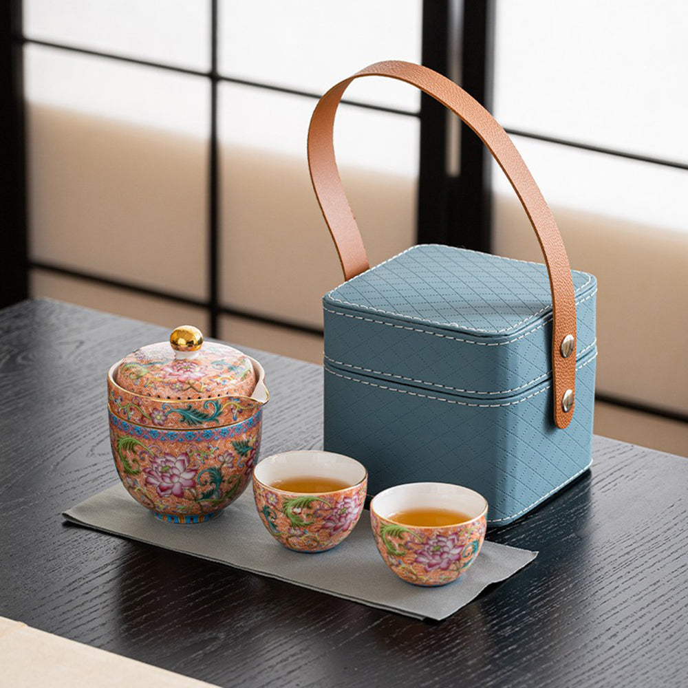 Enamel Travel Tea Set With Leather Bag