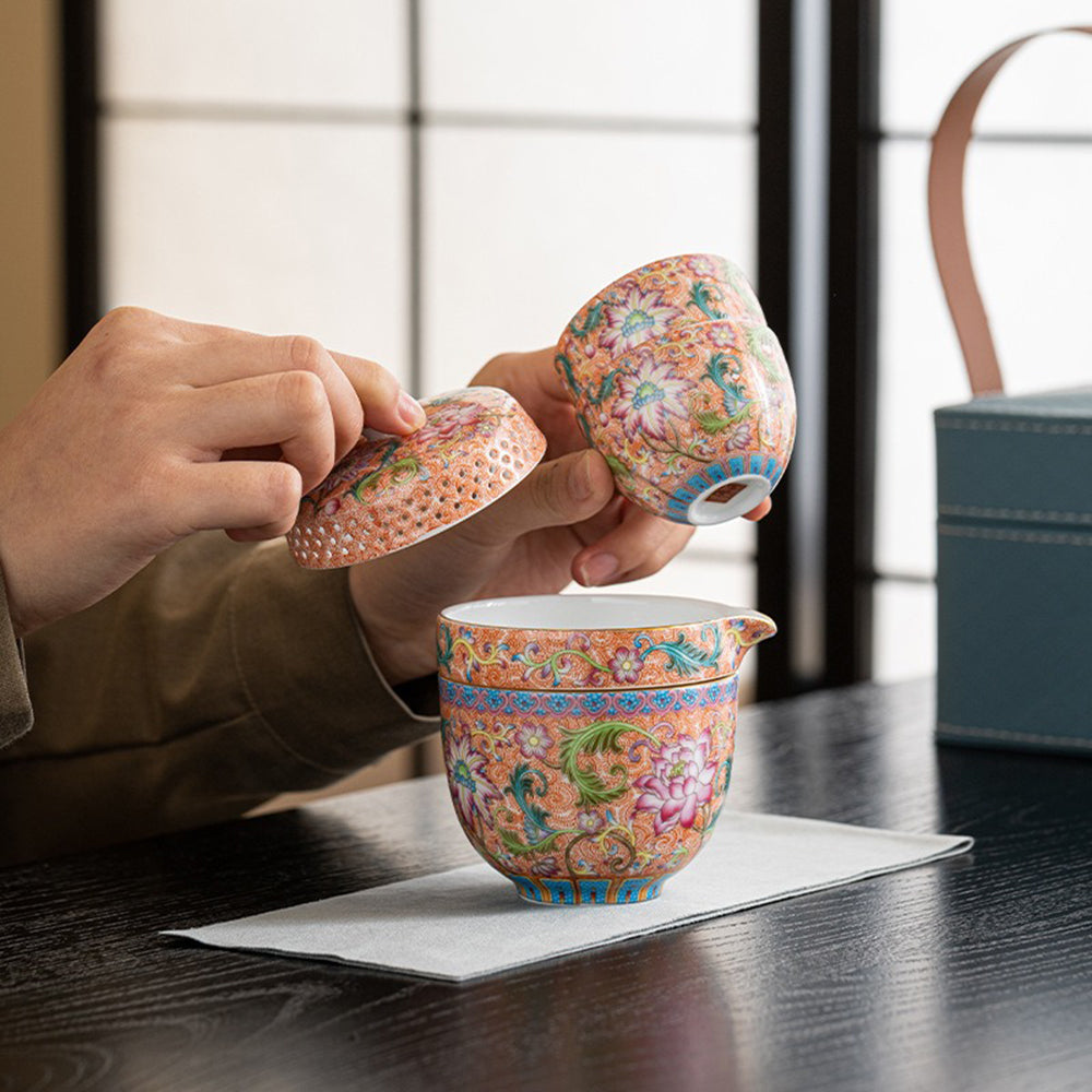 Enamel Travel Tea Set With Leather Bag