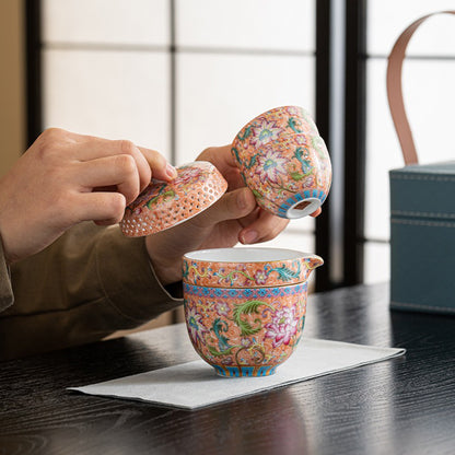 Enamel Travel Tea Set With Leather Bag