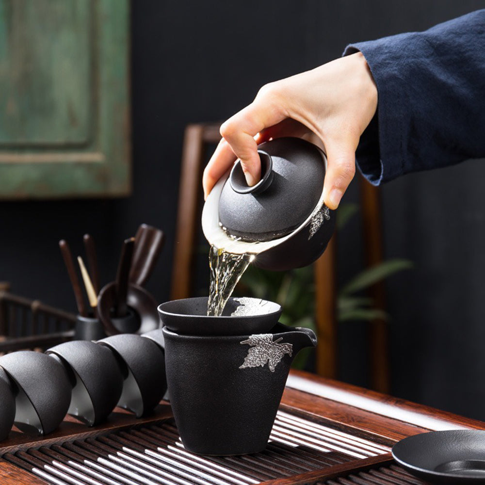 Japanese Black Pottery Tea Set With Tea Tray