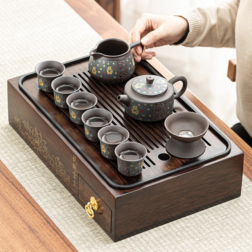 Purple Clay Tea Set With Storage Box Tray