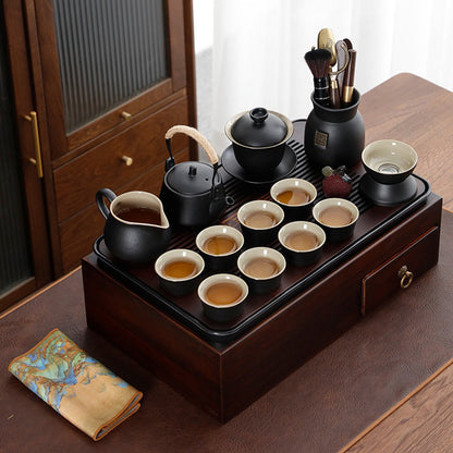 Japanese Black Pottery Tea Set With Storage Box Tray