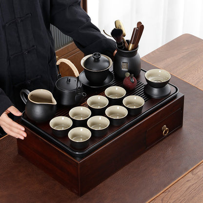 Japanese Black Pottery Tea Set With Storage Box Tray