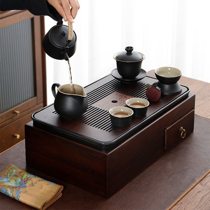 Japanese Black Pottery Tea Set With Storage Box Tray