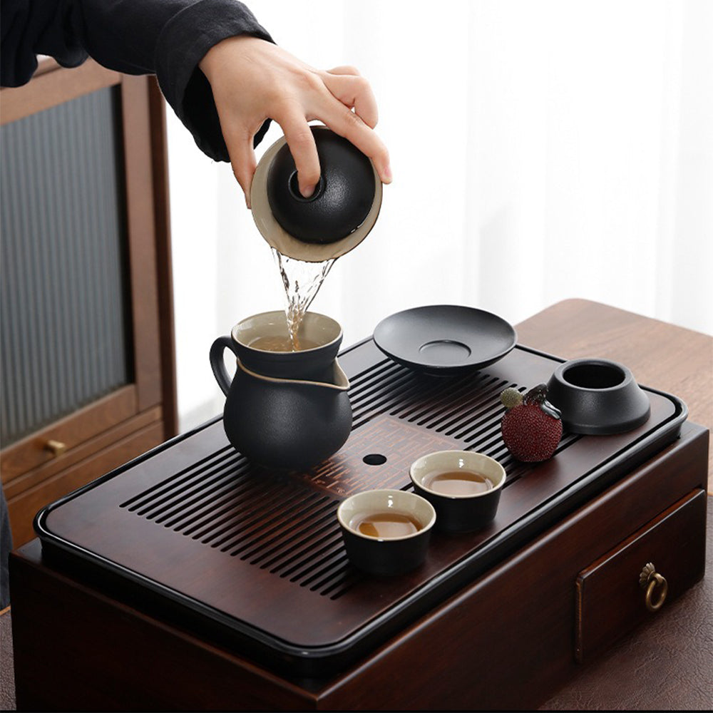 Japanese Black Pottery Tea Set With Storage Box Tray