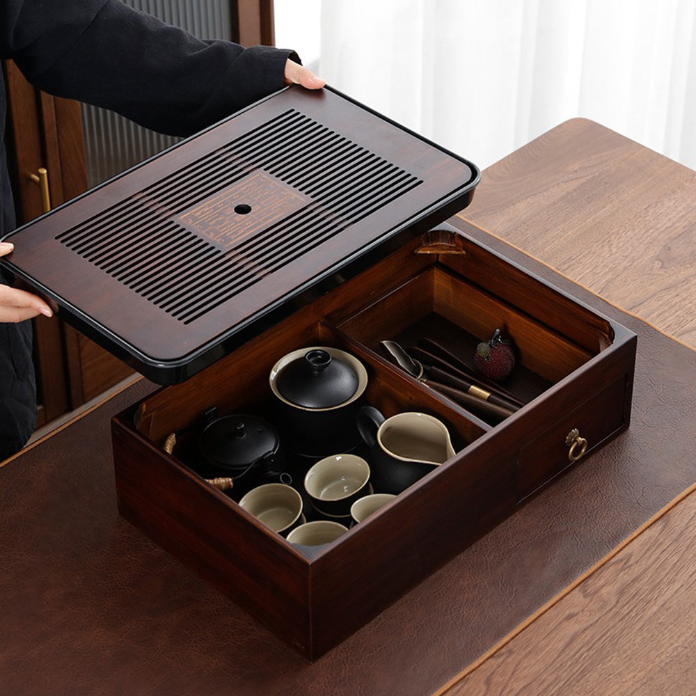 Japanese Black Pottery Tea Set With Storage Box Tray