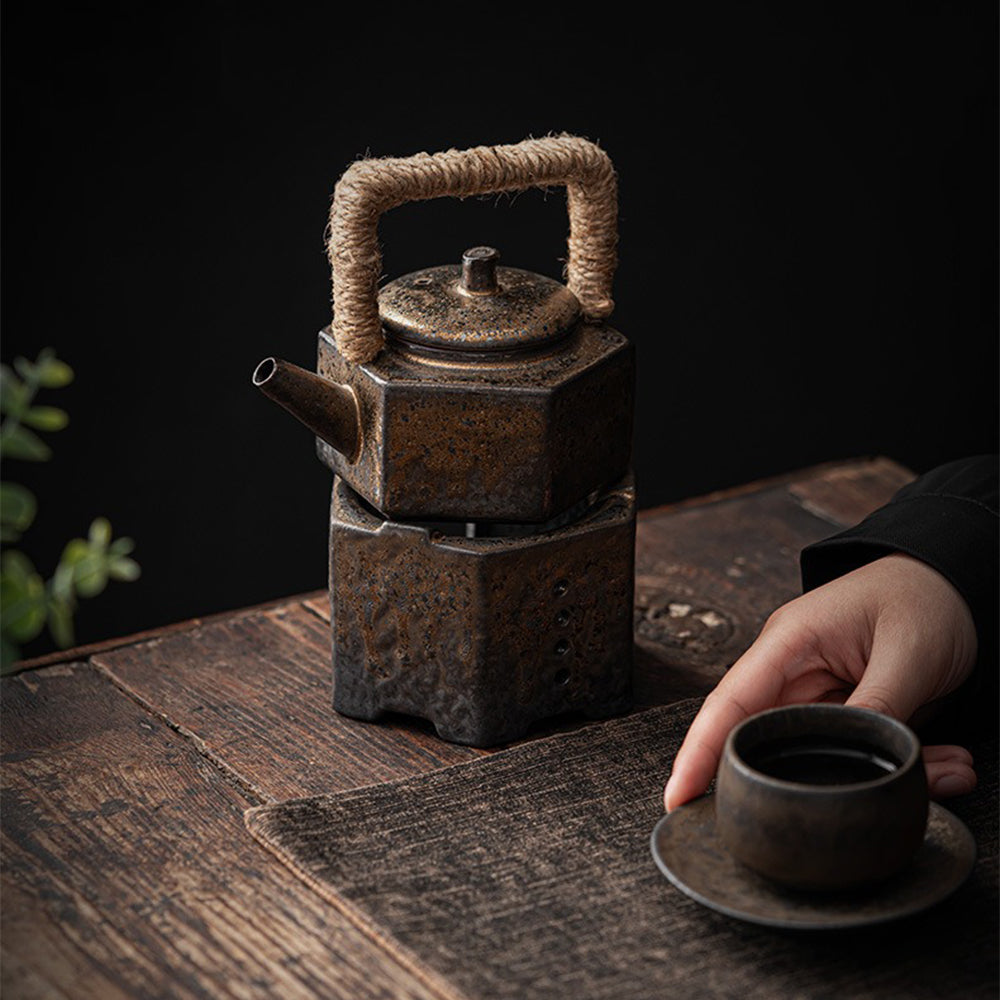 Coarse Pottery Hexagon Teapot With Candle Warmer