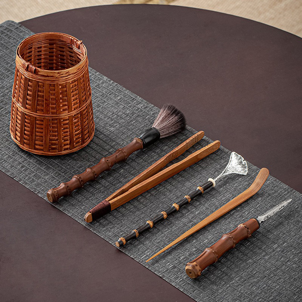 Bamboo Tea Utensils Set With Woven Holder