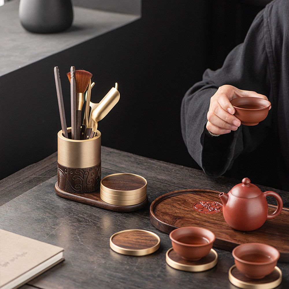 Ebony &amp; Copper Tea Utensils Set With Coaster