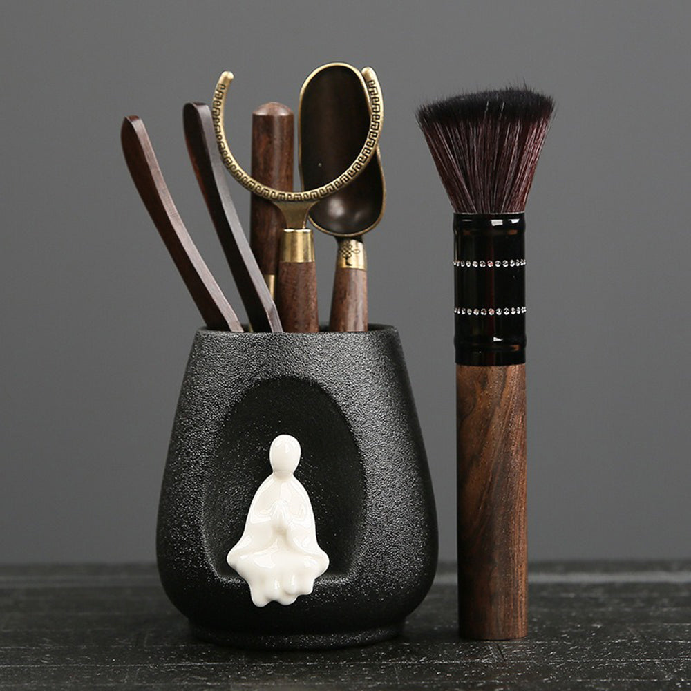 Zen Ebony Tea Utensils Set With Black Pottery Holder