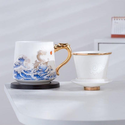 Dragon And Sea Wave Jade Porcelain Tea Cup