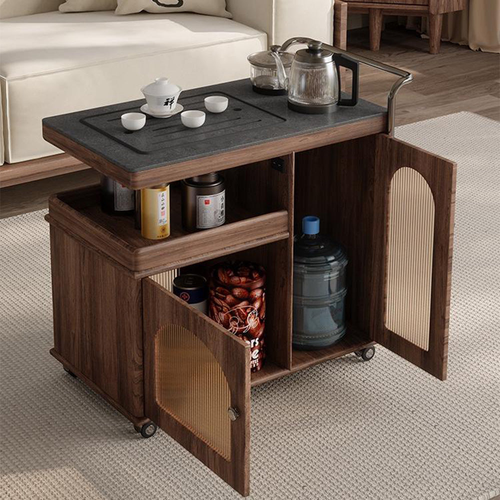 Solid Wood &amp; Black Stone Panel Movable Tea Table