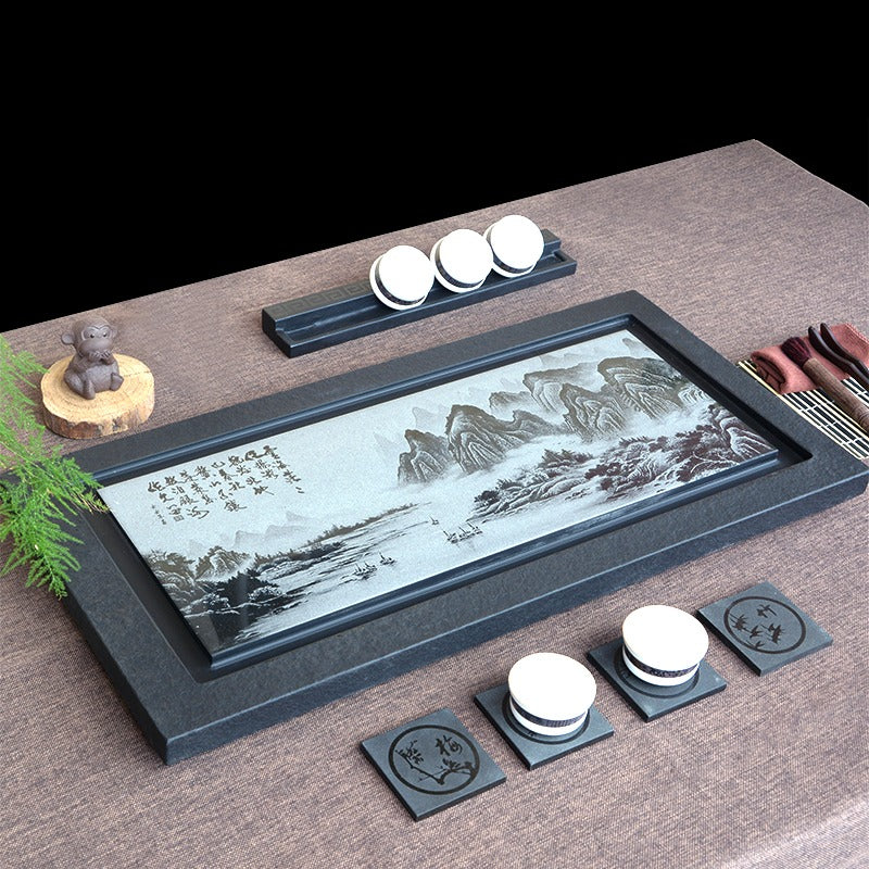 Black Stone Tea Tray With Carved Landscape