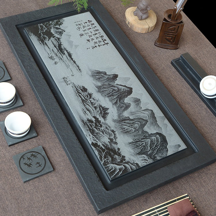 Black Stone Tea Tray With Carved Landscape