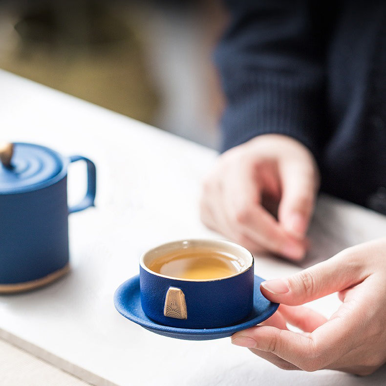 Chinese Blue Tea Set With Golden Handle