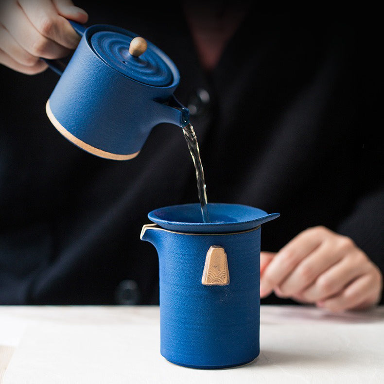 Chinese Blue Tea Set With Golden Handle