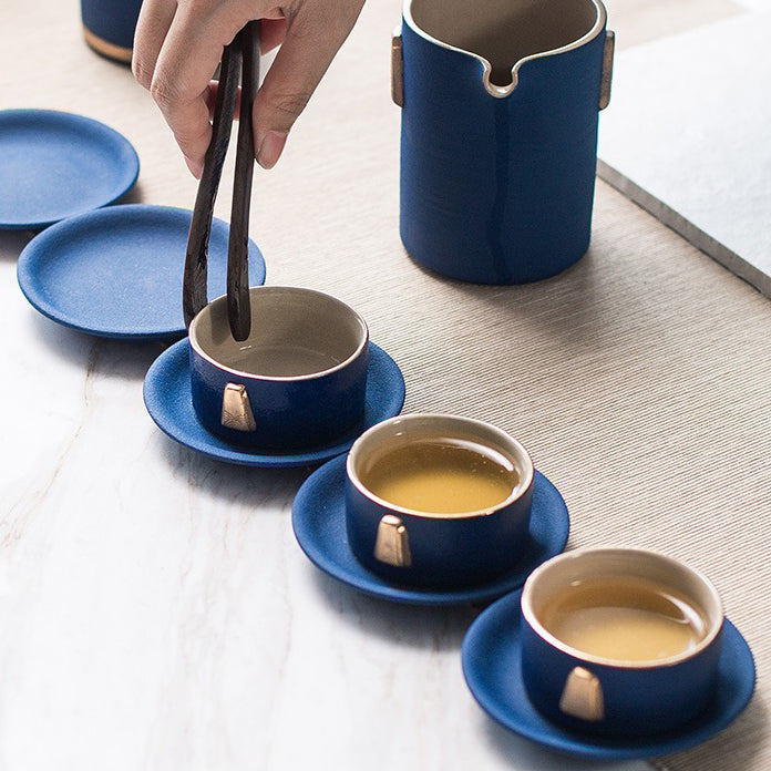 Chinese Blue Tea Set With Golden Handle