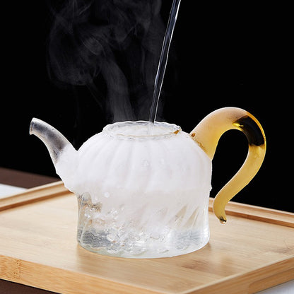 Glass Teapot With Lines And Leaf