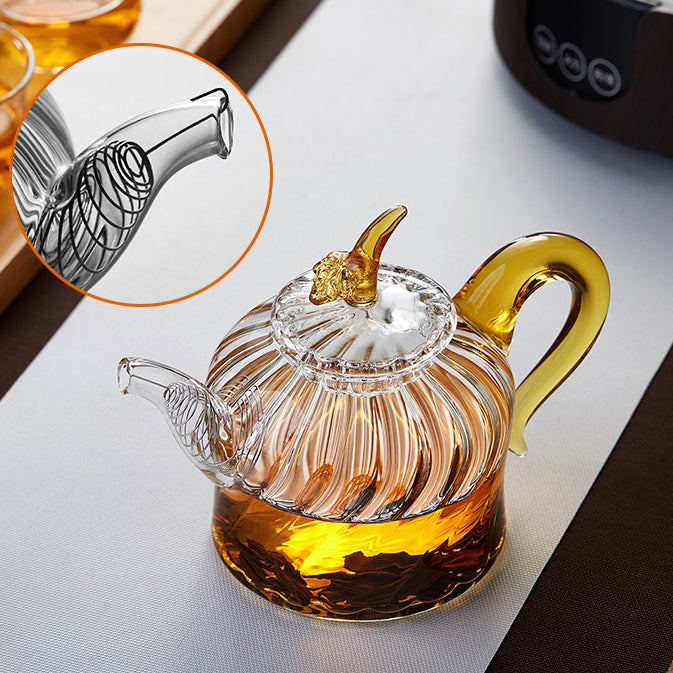 Glass Teapot With Lines And Leaf