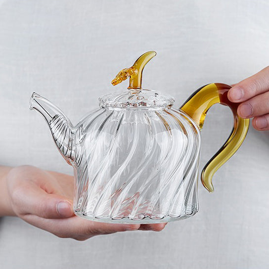 Glass Teapot With Lines And Leaf