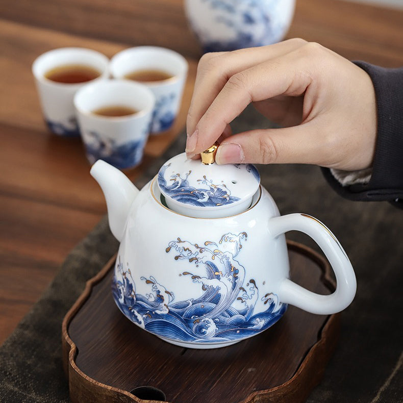 Outlet Handmade Chinese Blue & White Ceramic Teapot with Stand, Hand Painted Teapot 200ml/6.8oz, 2 Designs - Clouds Sea and Ocean Waves