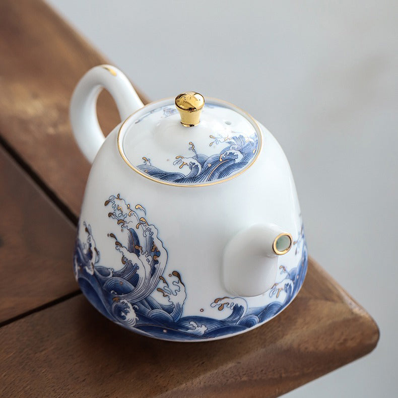 Chinese Sea Wave Teapot With Golden Rims