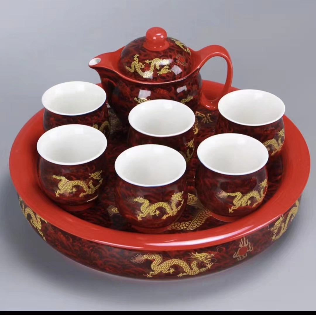 Jingdezhen Double Wall Dragon Tea Set With Tea Tray