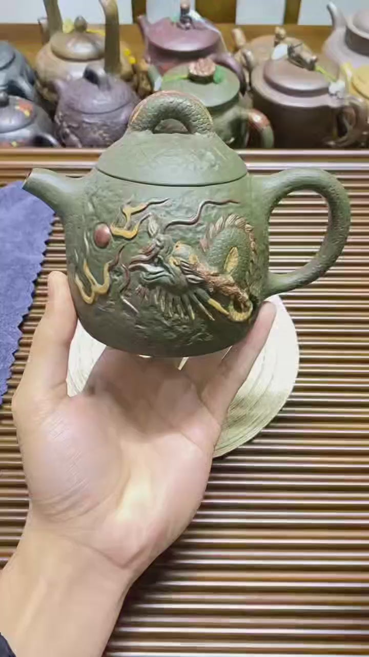 Yixing Dark Green Clay Dragon Qin Quan Teapot