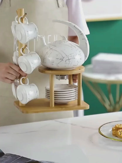 Modern Ceramic Marble Tea Set With Bamboo Rack