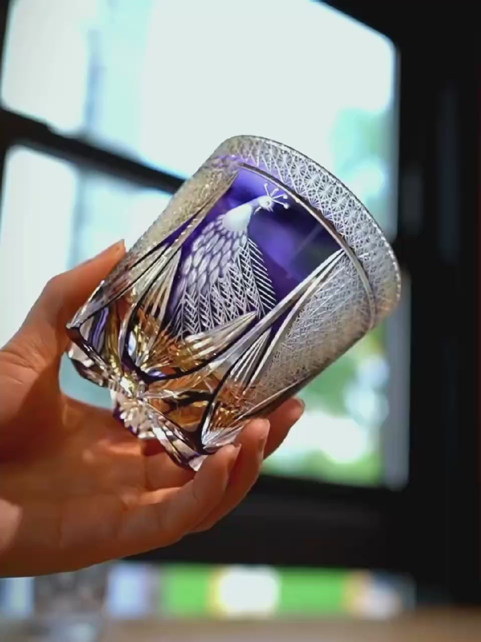 Edo Kiriko Handcrafted Violet Peacock Whisky Glass Tea Cup