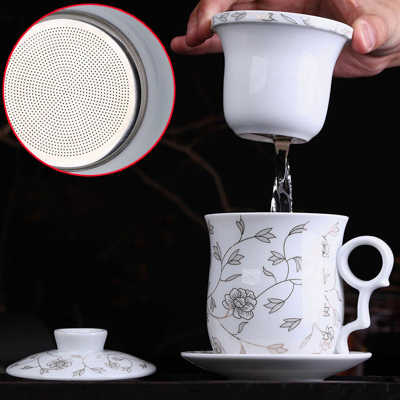 Floral Leaf Chinese Tea Cup With Lid And Saucer