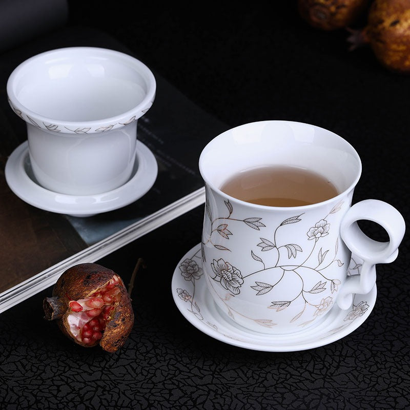 Floral Leaf Chinese Tea Cup With Lid And Saucer