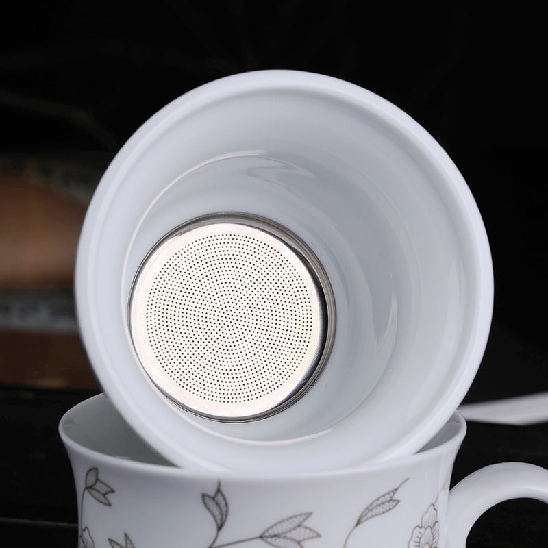 Floral Leaf Chinese Tea Cup With Lid And Saucer