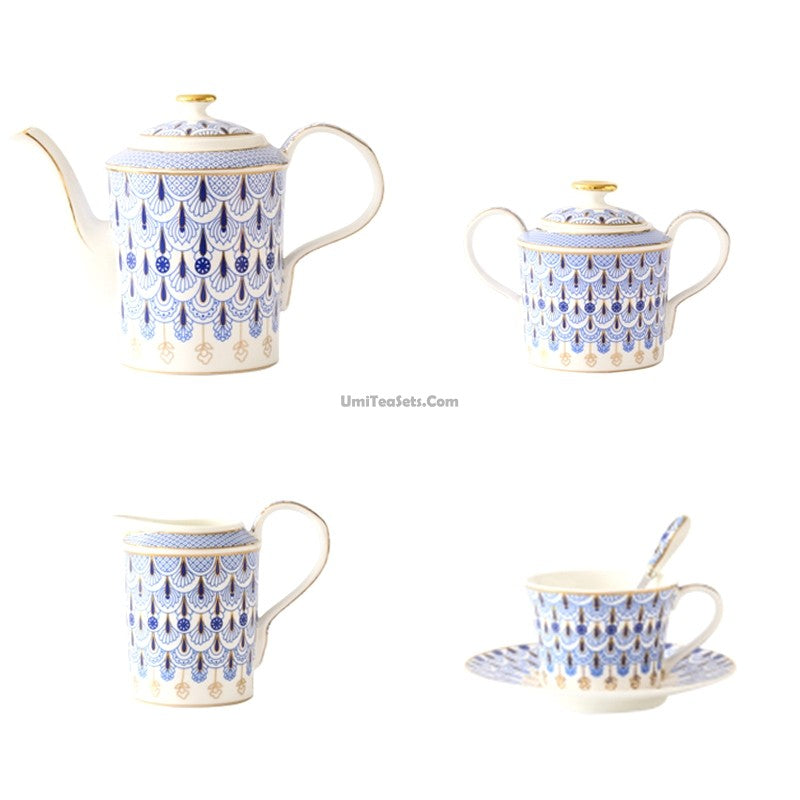 Blue Peacock Bone China Tea Set