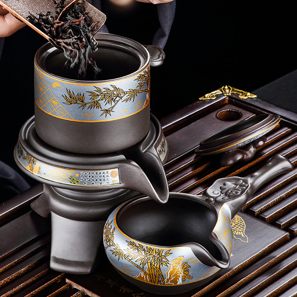 Purple Clay Golden Bamboo Automatic Tea Set