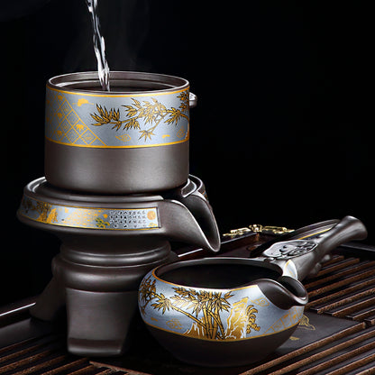 Purple Clay Golden Bamboo Automatic Tea Set