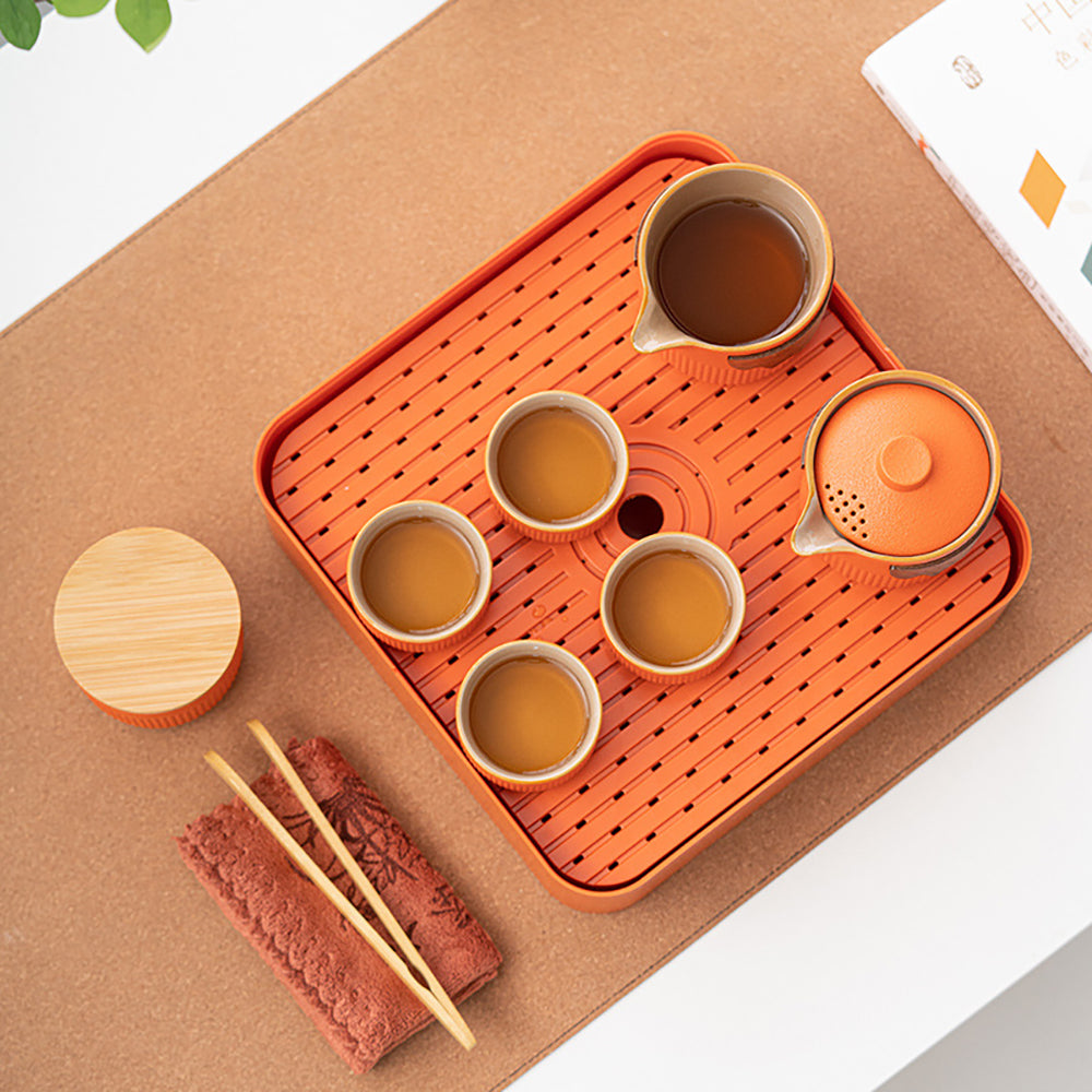 Orange Stoneware Portable Kung Fu Tea Set