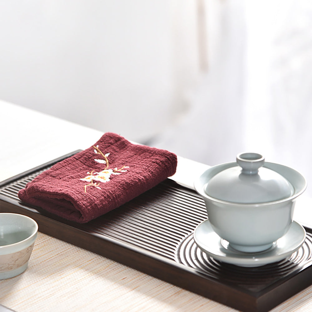 Hand Embroidered Peach Blossom Cotton Linen Tea Towel