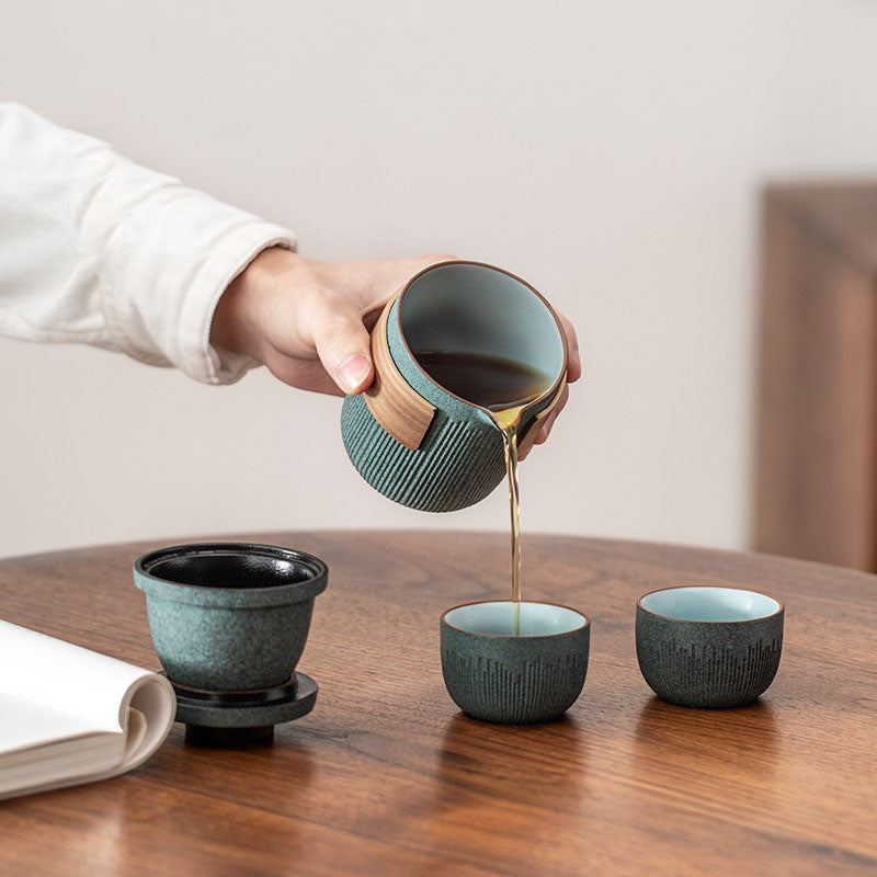 Japanese Ceramic Glazed Travel Tea Set with One Pot and Three Cups -  Hand-Painted Design