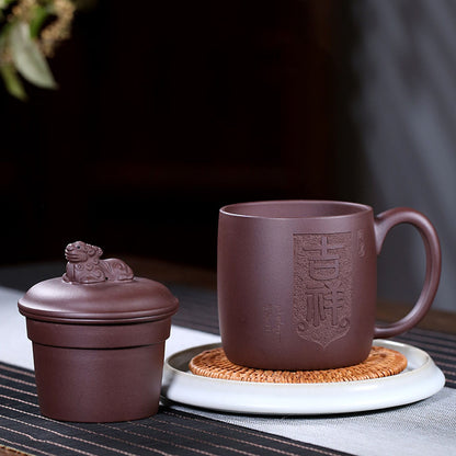 Purple Clay Auspicious Lion Tea Cup With Infuser