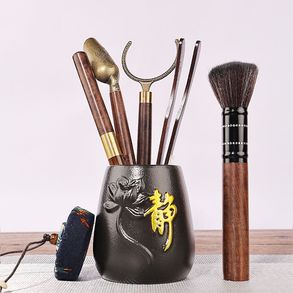 Ebony Tea Utensils Set With Ceramic Lotus Holder